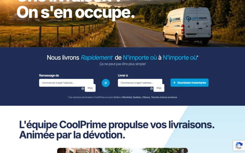 Bandeau de réservation de CoolPrime : adresses de ramassage et de livraison avec saisie semi-automatique et bouton « Soumission instantanée »