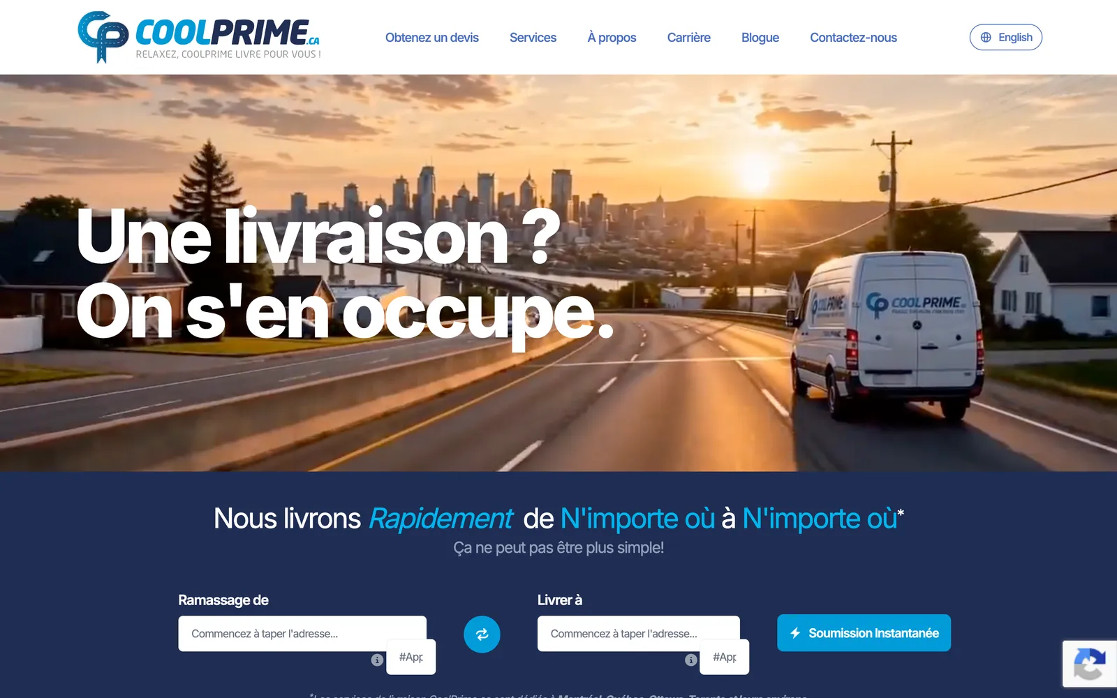 Page d'accueil de CoolPrime : « Une livraison ? On s'en occupe. », fourgon de livraison et formulaire de soumission instantanée