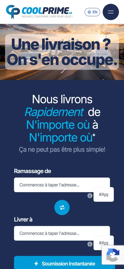 Accueil de CoolPrime sur téléphone : formulaire de ramassage et de livraison