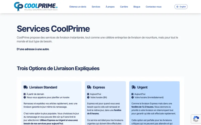 Page Services de CoolPrime : trois options de livraison, standard, express et urgent