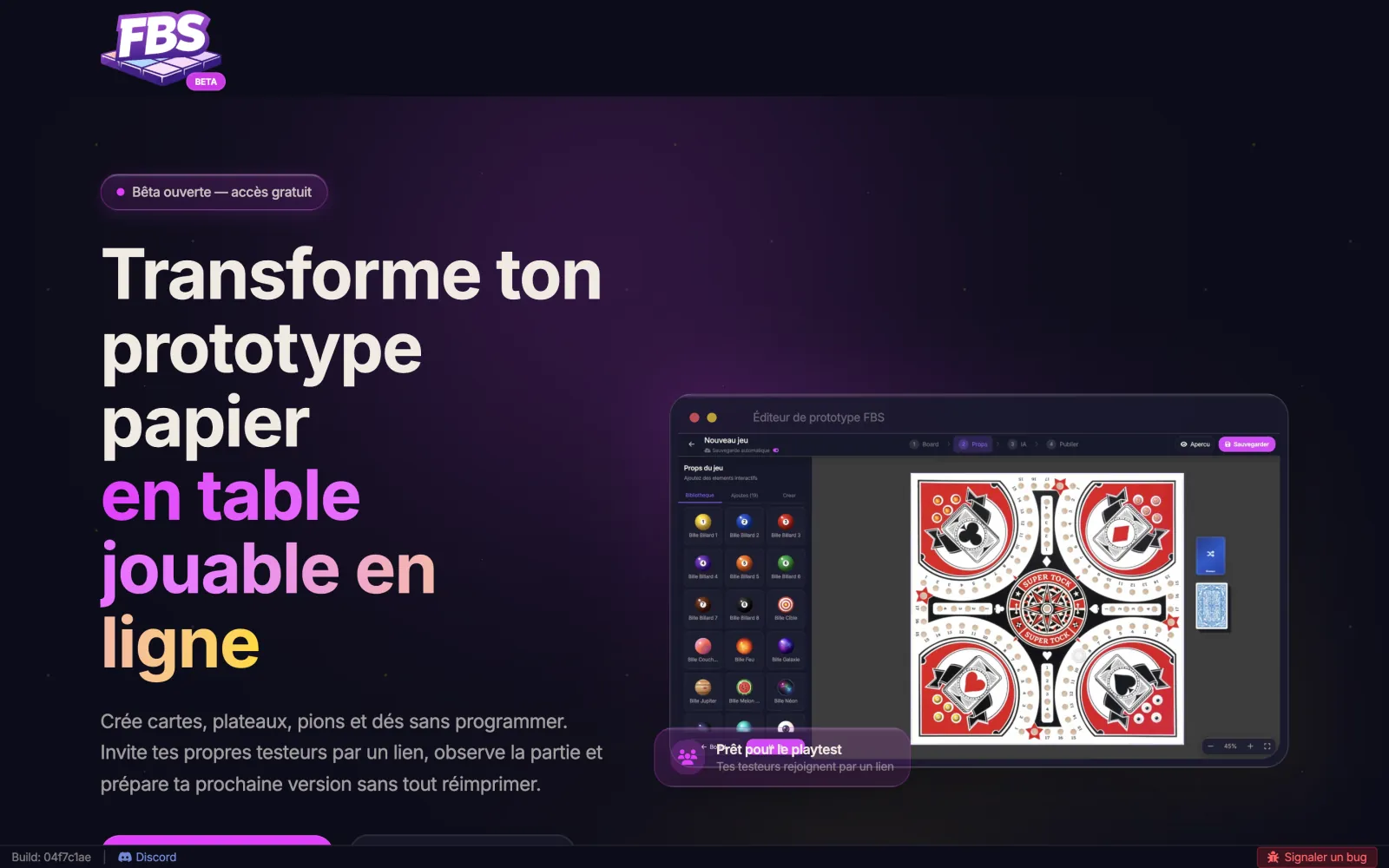 Page d'accueil de Free Board Society : « Transforme ton prototype papier en table jouable en ligne », avec un aperçu de l'éditeur