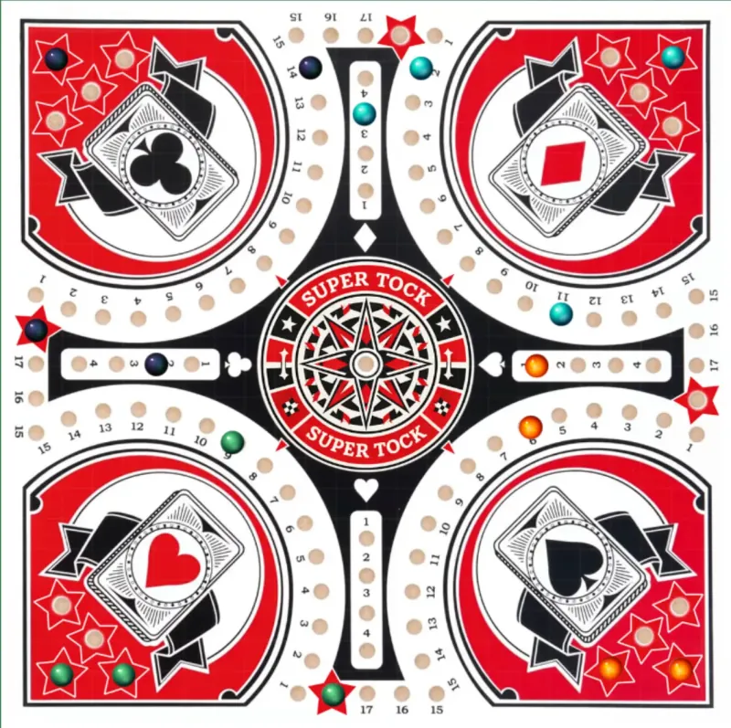Plateau de tock « Super Tock » sur Free Board Society : quatre coins aux couleurs des cartes, billes de quatre joueurs