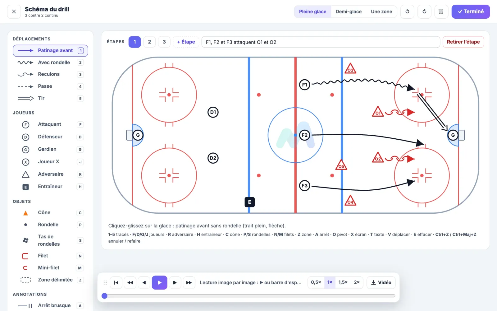 Éditeur d'exercices de Muleky : patinoire, trajectoires et joueurs (équipe fictive)