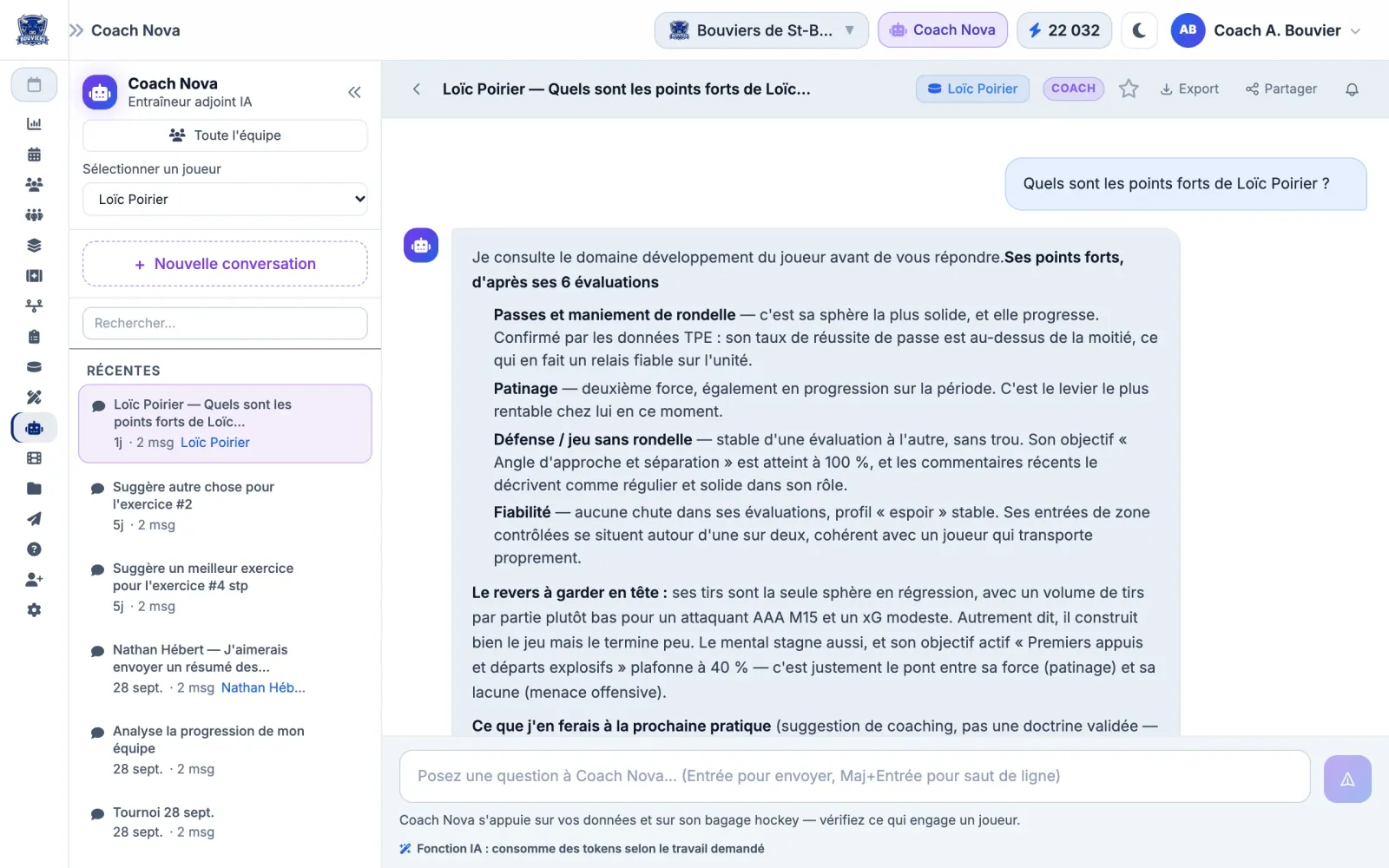 Conversation avec Coach Nova, l'assistant IA intégré à l'application Muleky, sur les points forts d'un joueur et quoi travailler à la prochaine pratique (équipe et joueurs fictifs)