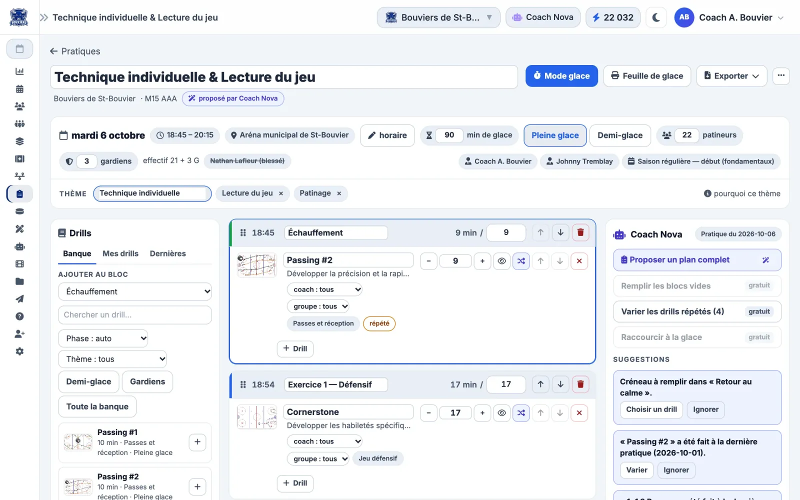 Constructeur de plan de pratique de Muleky : blocs minutés, exercices de la banque et suggestions de Coach Nova (équipe fictive)
