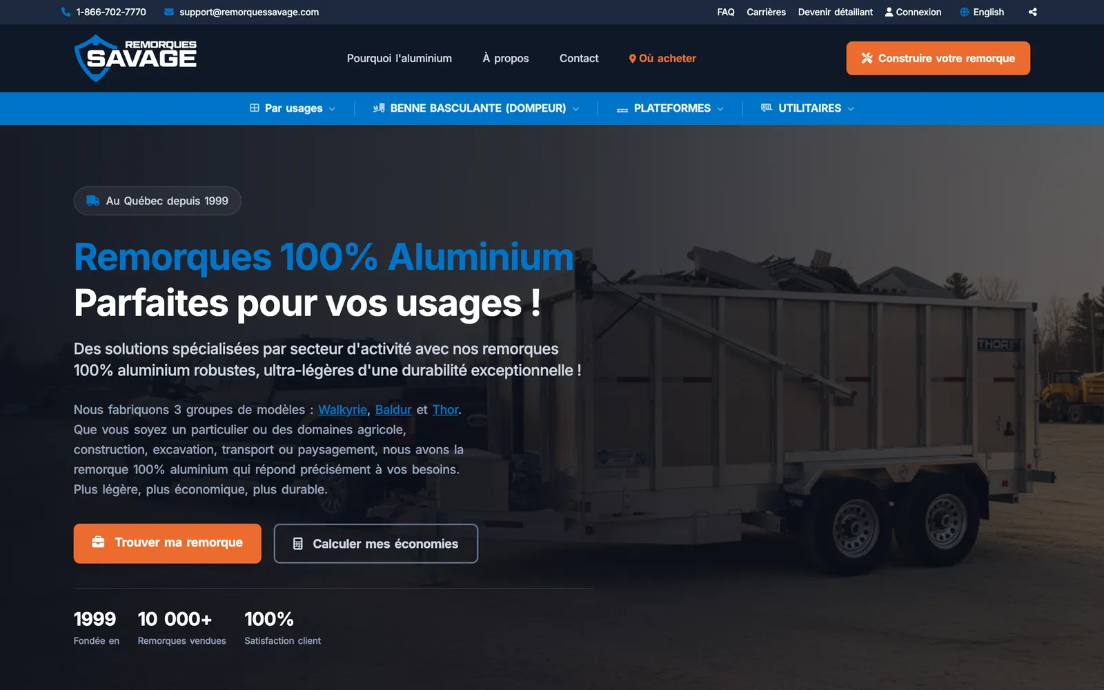 Page d'accueil de Remorques Savage : « Remorques 100 % aluminium, parfaites pour vos usages », menus par usage et par gamme, bouton « Construire votre remorque »