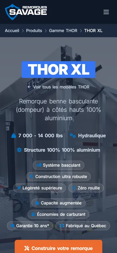 Fiche du modèle THOR XL de Remorques Savage sur téléphone
