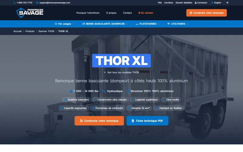 Fiche produit de la remorque benne basculante THOR XL : capacités, caractéristiques et fiche technique PDF