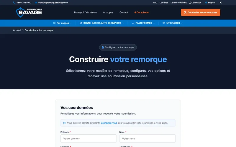 Page « Construire votre remorque » : formulaire de soumission où l'on choisit et configure son modèle