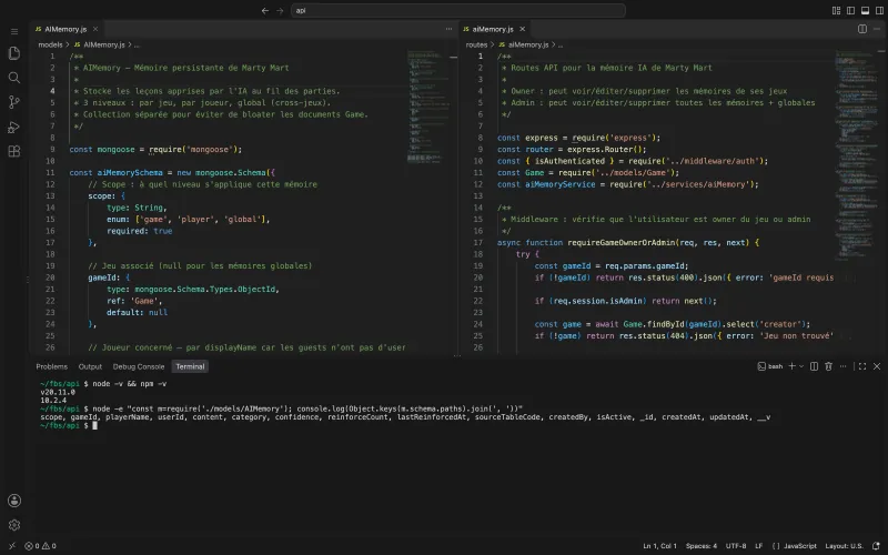 VS Code avec deux fichiers côte à côte, un modèle Mongoose et une route Express, et le terminal intégré