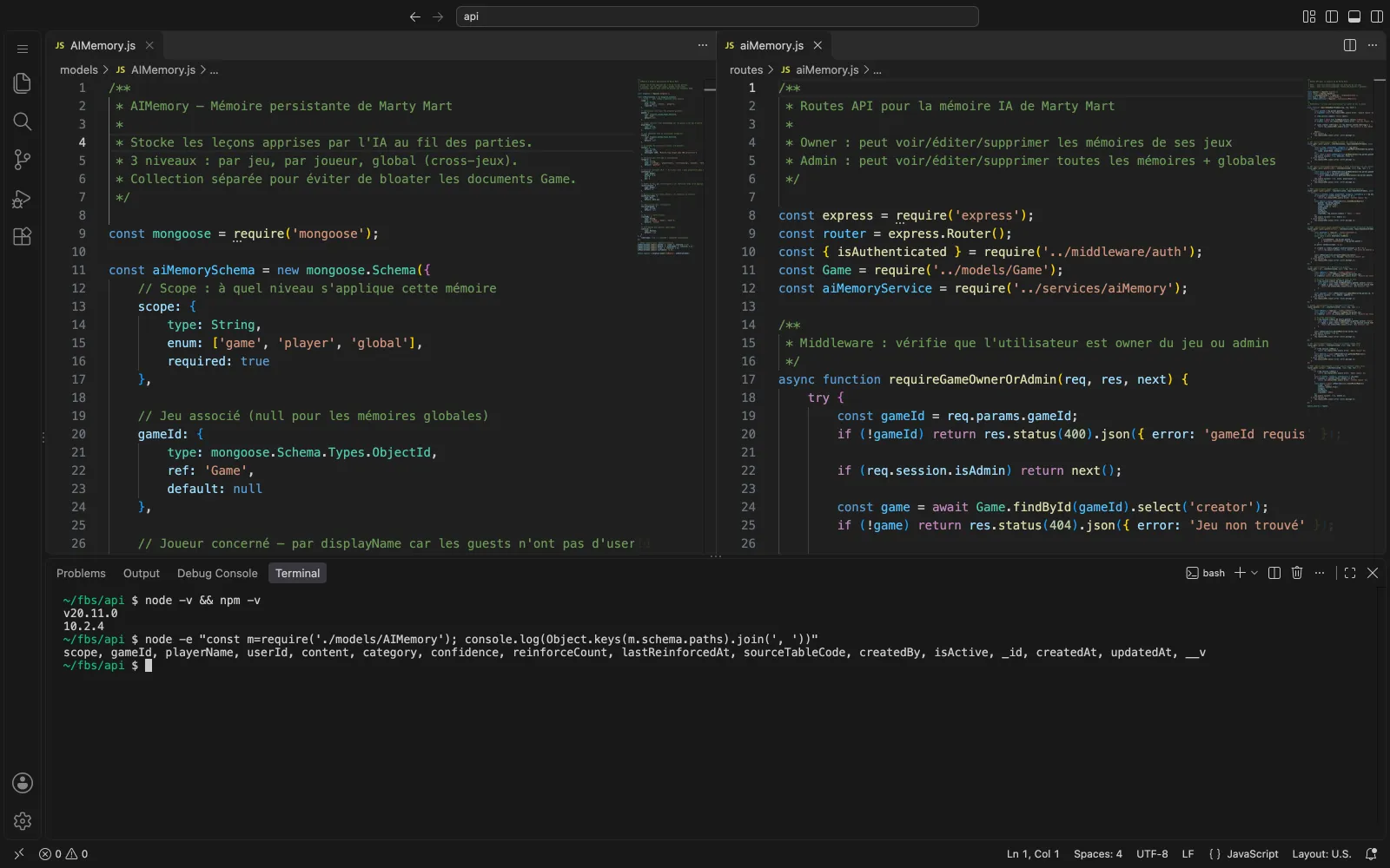 VS Code with two files side by side, a Mongoose model and an Express route, and the built-in terminal showing the Node and npm versions