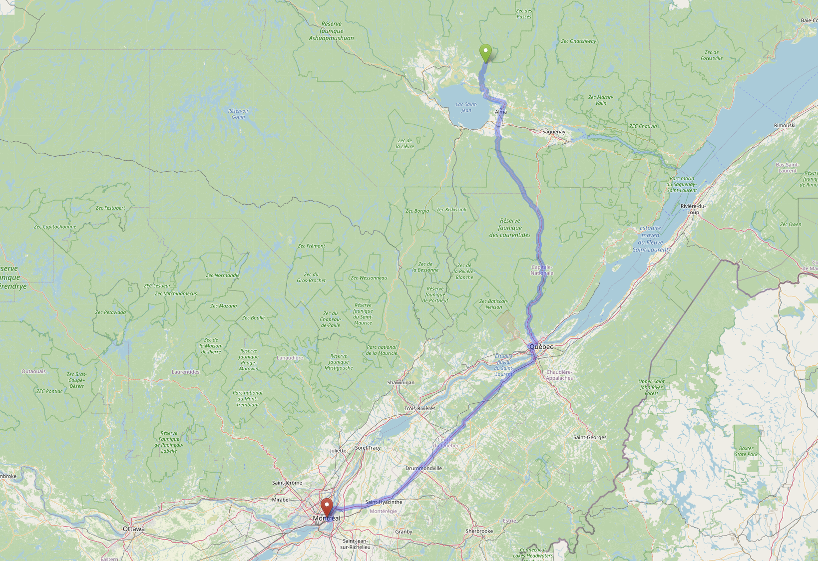 Carte du Québec montrant Saint-Ludger-de-Milot et Montréal