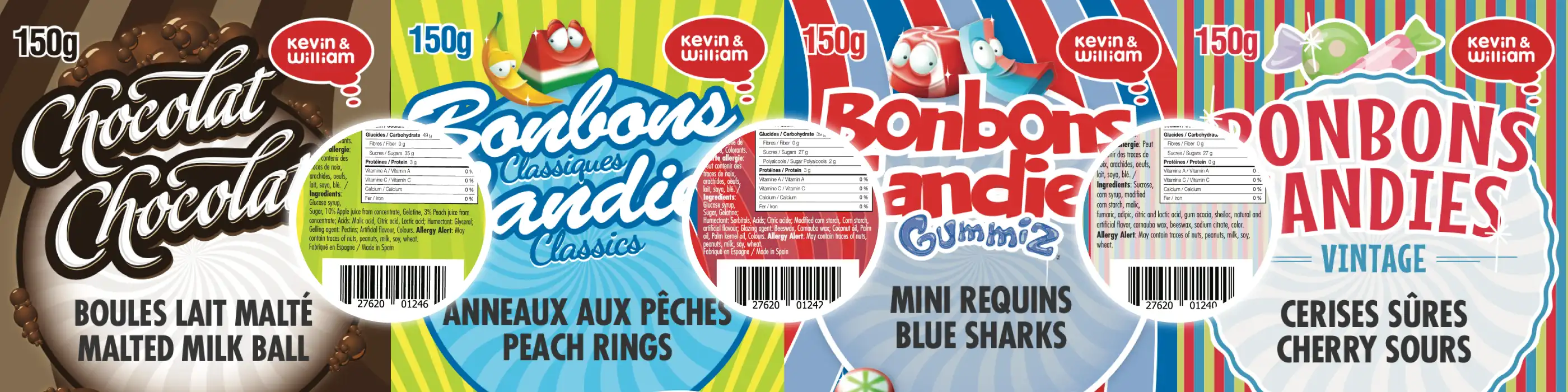 Gamme d'étiquettes de confiserie Kevin & William : chocolat, anneaux aux pêches, mini requins et cerises sûres, avec tableau de valeur nutritive bilingue et code-barres